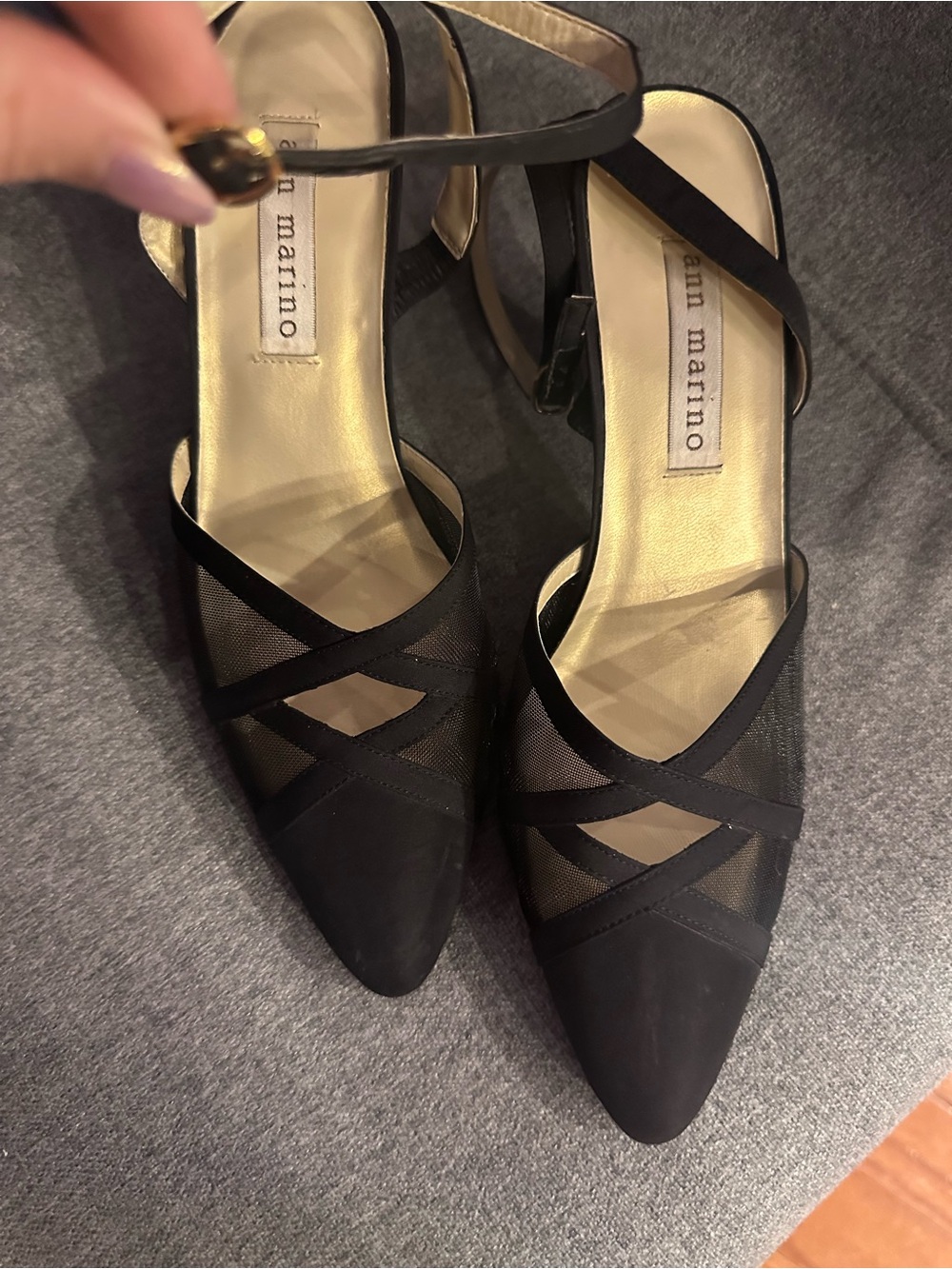 Ann Marino Black Mesh Pointed-Toe Crisscross Heels with ankle strap 7.5